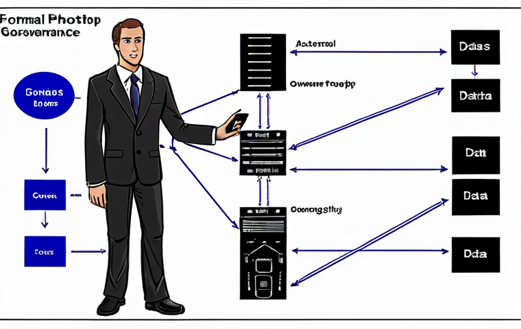 ** Data governance roles. Focus: a "Data Owner" (formal attire), a "Data Steward" (managing data), and a "Data Consumer" (using data). Visual style: professional, clean, diagrams connecting the roles.

**