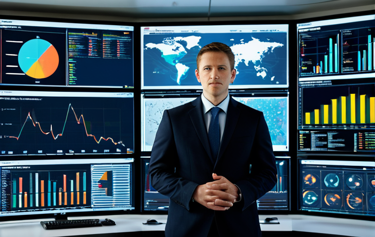 A professional data scientist, fully clothed in a modest business suit, stands confidently in a high-tech control room filled with advanced computing equipment and large, interactive data visualization screens. The screens display complex, colorful graphs and predictive models that seamlessly blend into the environment. The focus is on the transition from intuitive decision-making to precise, data-driven certainty, emphasizing innovation and clarity. The scene is well-lit, professional photography, high quality, perfect anatomy, correct proportions, natural pose, well-formed hands, proper finger count, natural body proportions, safe for work, appropriate content, professional.