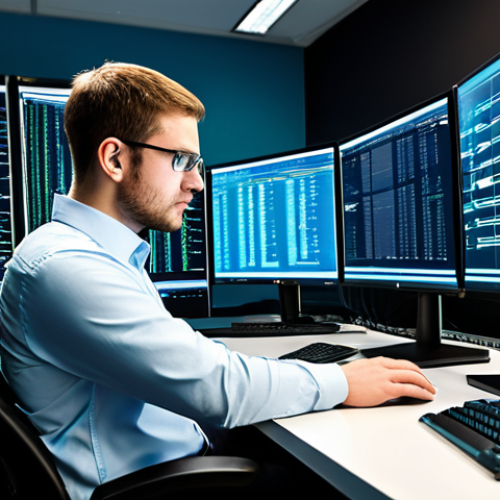 Home 27 A professional Big Data technologist, fully clothed in modest business casual attire, intensely focused at a workstation with multiple monitors displaying complex code, intricate data streams, and vibrant analytical visualizations. The background features a modern, clean data center with server racks, conveying an environment of immense data processing and problem-solving. The technologist is captured in a moment of deep concentration, embodying intellectual challenge and the meticulous nature of debugging and data cleaning. Safe for work, appropriate content, professional dress, perfect anatomy, correct proportions, natural pose, well-formed hands, proper finger count, natural body proportions, high quality, professional photography.
