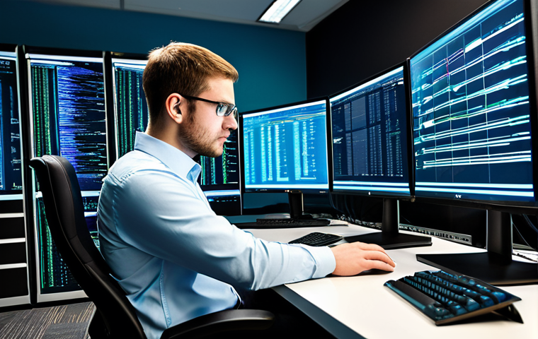 A professional Big Data technologist, fully clothed in modest business casual attire, intensely focused at a workstation with multiple monitors displaying complex code, intricate data streams, and vibrant analytical visualizations. The background features a modern, clean data center with server racks, conveying an environment of immense data processing and problem-solving. The technologist is captured in a moment of deep concentration, embodying intellectual challenge and the meticulous nature of debugging and data cleaning. Safe for work, appropriate content, professional dress, perfect anatomy, correct proportions, natural pose, well-formed hands, proper finger count, natural body proportions, high quality, professional photography.