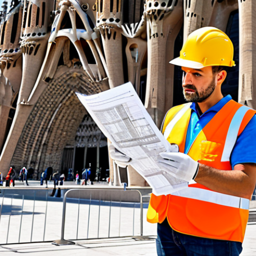Home 25 **
A professional architect, fully clothed in appropriate work attire (hard hat, safety vest, sturdy boots), reviewing blueprints on a construction site in Barcelona. The Sagrada Familia is subtly visible in the background. Perfect anatomy, correct proportions, natural pose, well-formed hands, proper finger count. Safe for work, appropriate content, modest, family-friendly. High quality, professional photography.
**