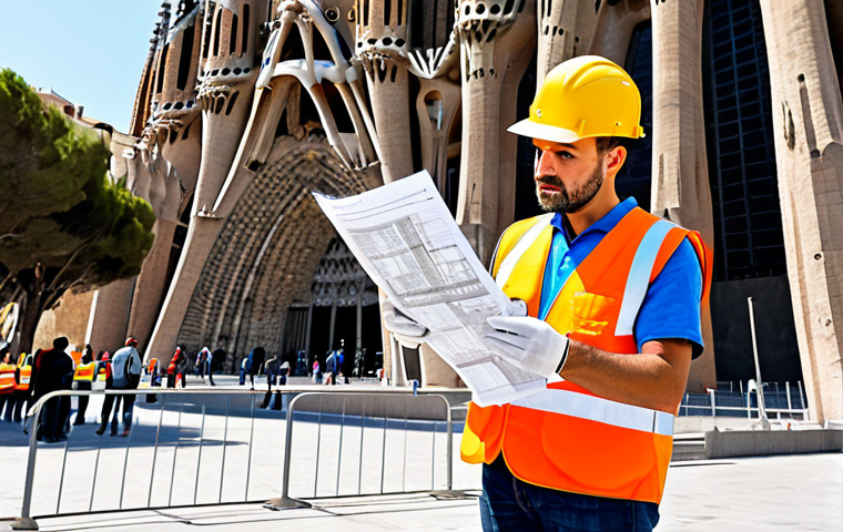**

A professional architect, fully clothed in appropriate work attire (hard hat, safety vest, sturdy boots), reviewing blueprints on a construction site in Barcelona. The Sagrada Familia is subtly visible in the background. Perfect anatomy, correct proportions, natural pose, well-formed hands, proper finger count. Safe for work, appropriate content, modest, family-friendly. High quality, professional photography.

**