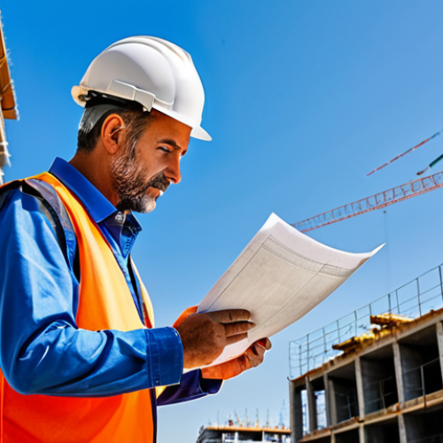 Home 12 **
"A professional architect in appropriate attire, reviewing blueprints on a construction site in Madrid, Spain. Construction workers in the background, cranes and scaffolding visible. Safe for work, fully clothed, perfect anatomy, natural pose, professional."
**