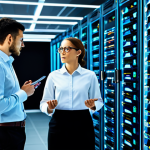 빅데이터 기술자의 스케일링 성공 사례 - **Sharding Strategy:** "A team of data engineers in a modern server room, monitoring a holographic d...