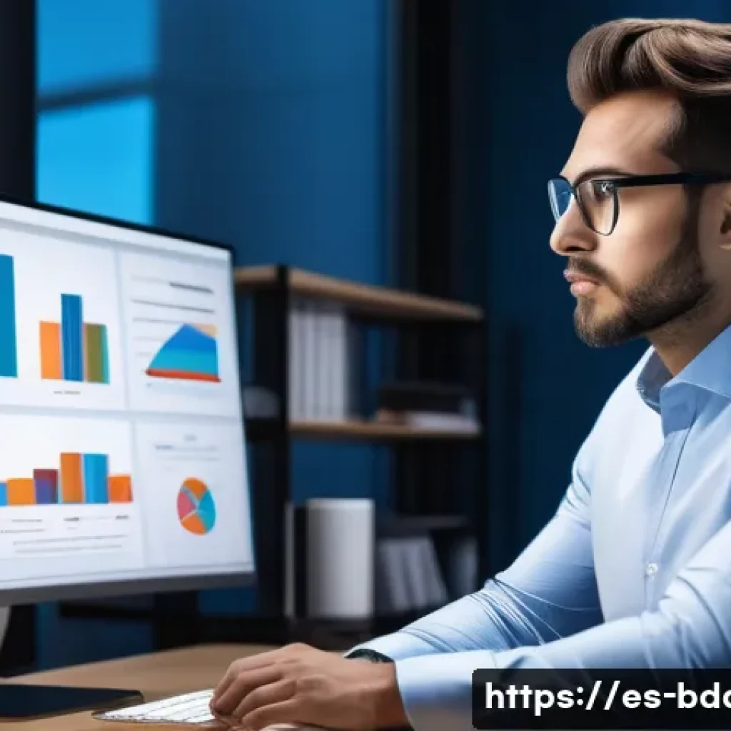 빅데이터 기술자 취업 전략 - A professional data scientist working in a modern office environment, focused on a large multi-monit...
