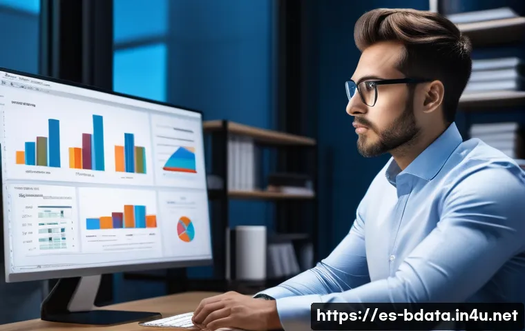 빅데이터 기술자 취업 전략 - A professional data scientist working in a modern office environment, focused on a large multi-monit...