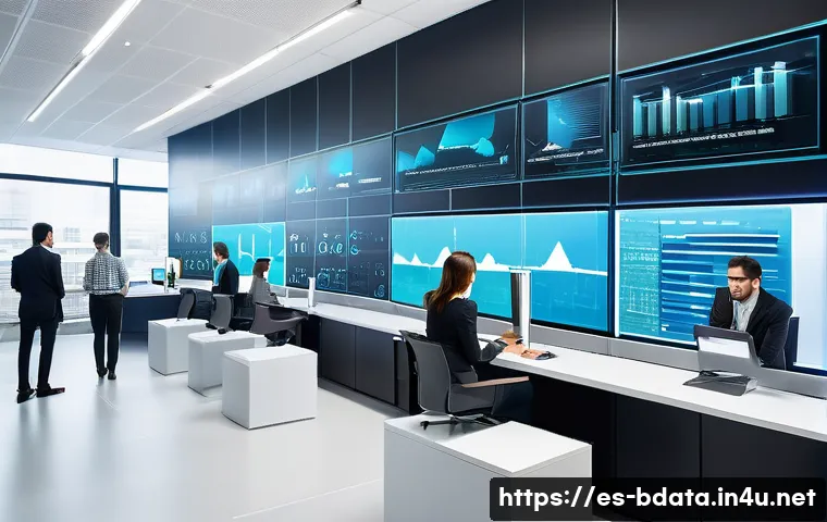 빅데이터 실무와 데이터 복구 기술 - A modern corporate data center room bustling with activity, featuring diverse professionals in busin...
