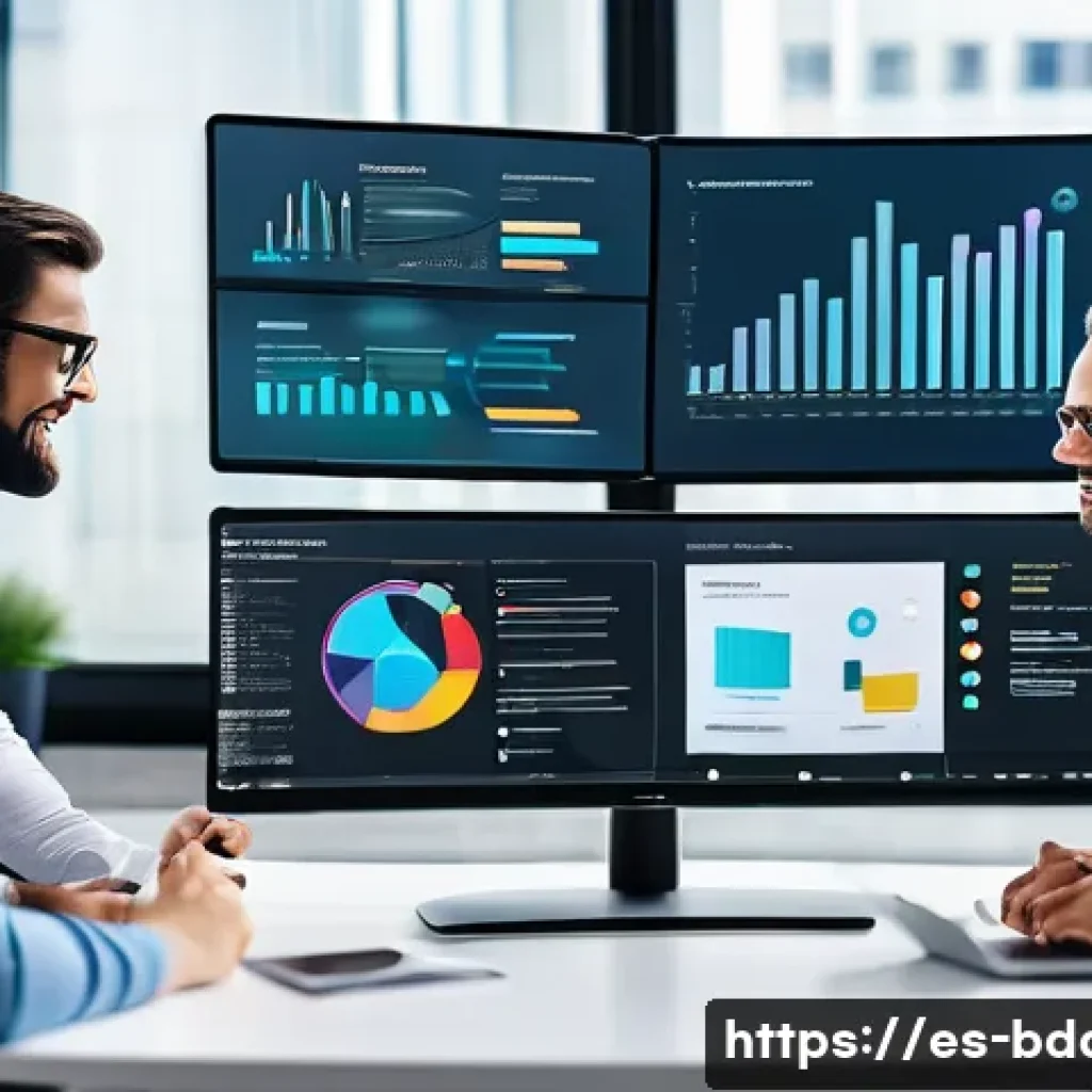 빅데이터 관련 커뮤니티 활용법 - A modern digital workspace scene showing a diverse group of professionals collaborating online on bi...