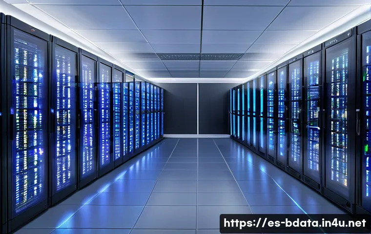 빅데이터 실무에서의 데이터 품질 관리 - A modern corporate data center room filled with rows of sleek servers and glowing LED panels, showca...