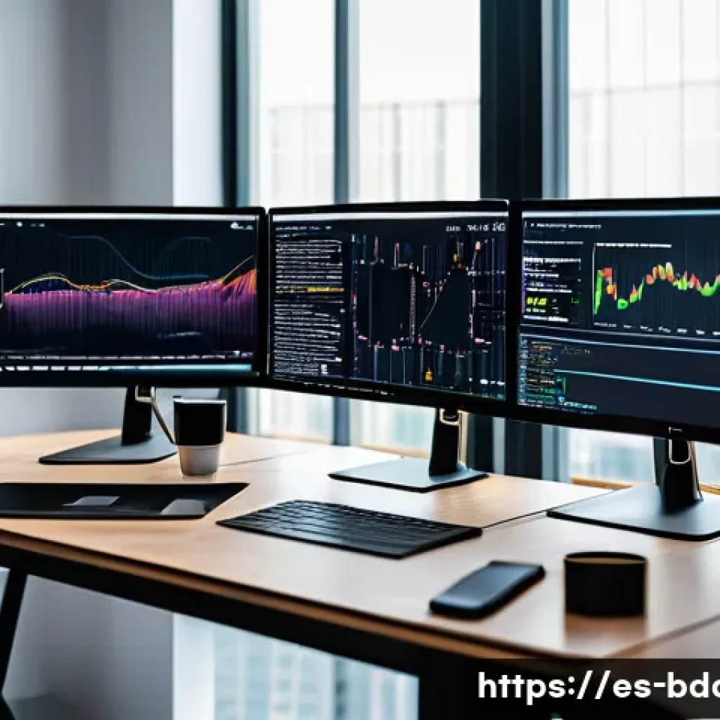 빅데이터 기술자의 Python 활용 팁 - A modern data scientist workspace in a bright office setting, featuring multiple large monitors disp...