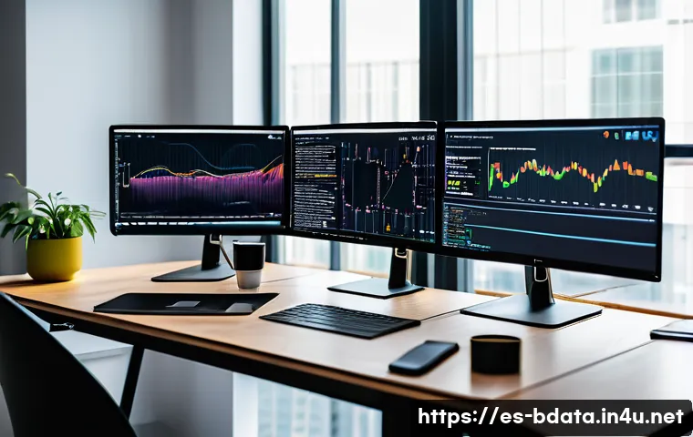 빅데이터 기술자의 Python 활용 팁 - A modern data scientist workspace in a bright office setting, featuring multiple large monitors disp...