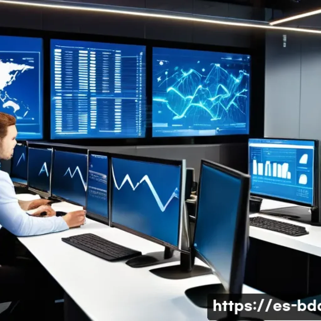 빅데이터 기술자와 마이크로서비스 아키텍처 - A modern corporate office environment showcasing a diverse team of professionals analyzing large dat...