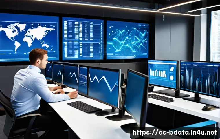 빅데이터 기술자와 마이크로서비스 아키텍처 - A modern corporate office environment showcasing a diverse team of professionals analyzing large dat...