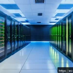 빅데이터 실무에서 직면한 도전과 해결 방법 - A modern cloud data center interior showing rows of servers with glowing LED indicators, multiple la...