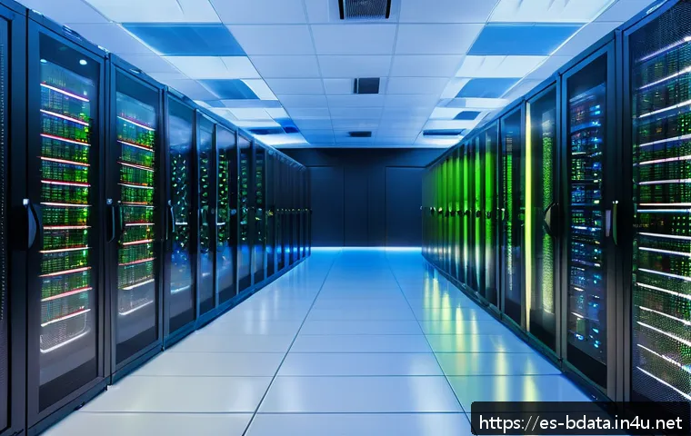 빅데이터 실무에서 직면한 도전과 해결 방법 - A modern cloud data center interior showing rows of servers with glowing LED indicators, multiple la...