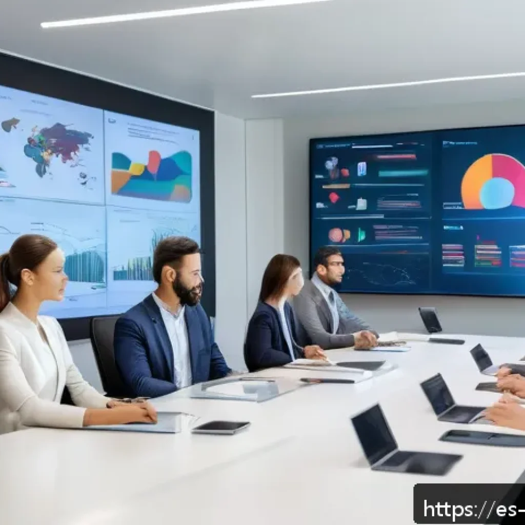 빅데이터 실무 프로젝트 보고서 작성법 - A modern office meeting room with diverse business professionals analyzing a large digital dashboard...