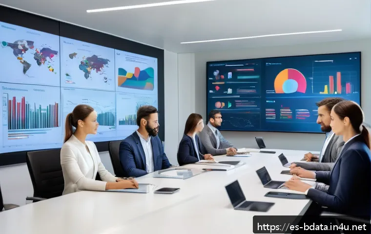 빅데이터 실무 프로젝트 보고서 작성법 - A modern office meeting room with diverse business professionals analyzing a large digital dashboard...
